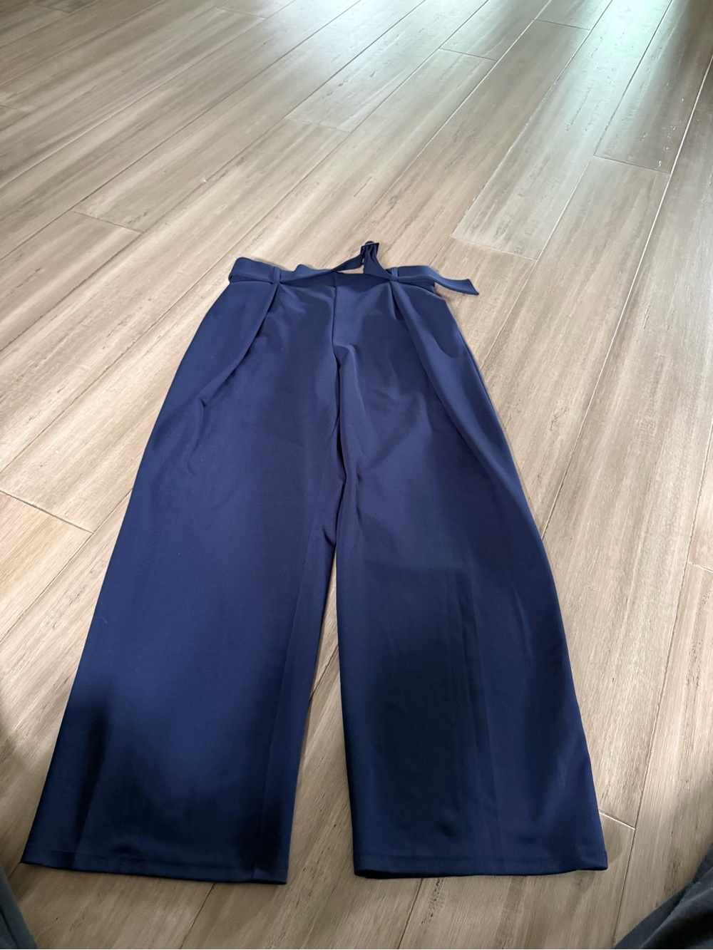 H&M Navy High-Rise Wide-Leg Trousers with Self-Tie Belt